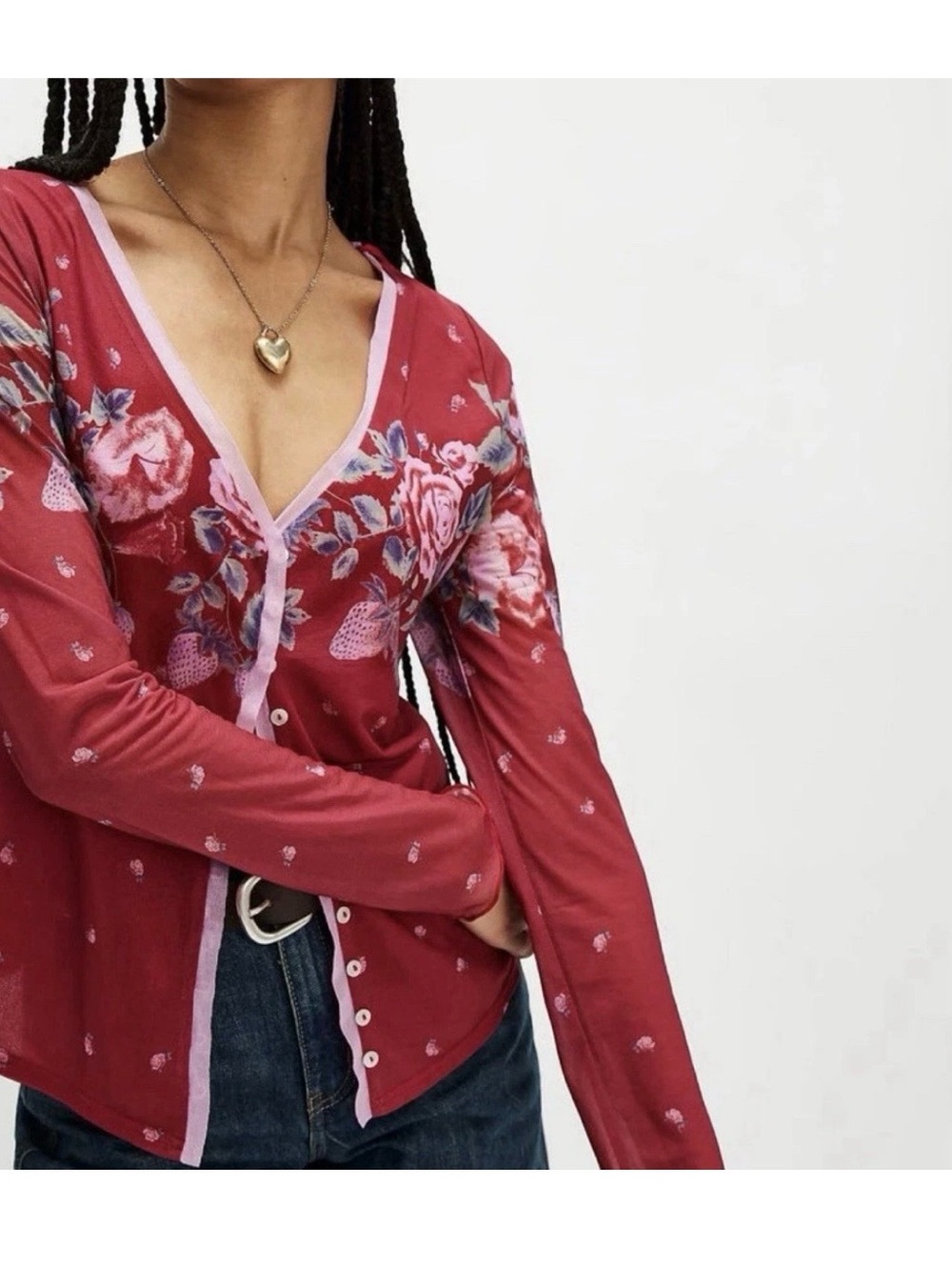 Free People x Revolve Small Top Raspberry Floral Sheer Button Long-Sleeve Top - Picture 4 of 12